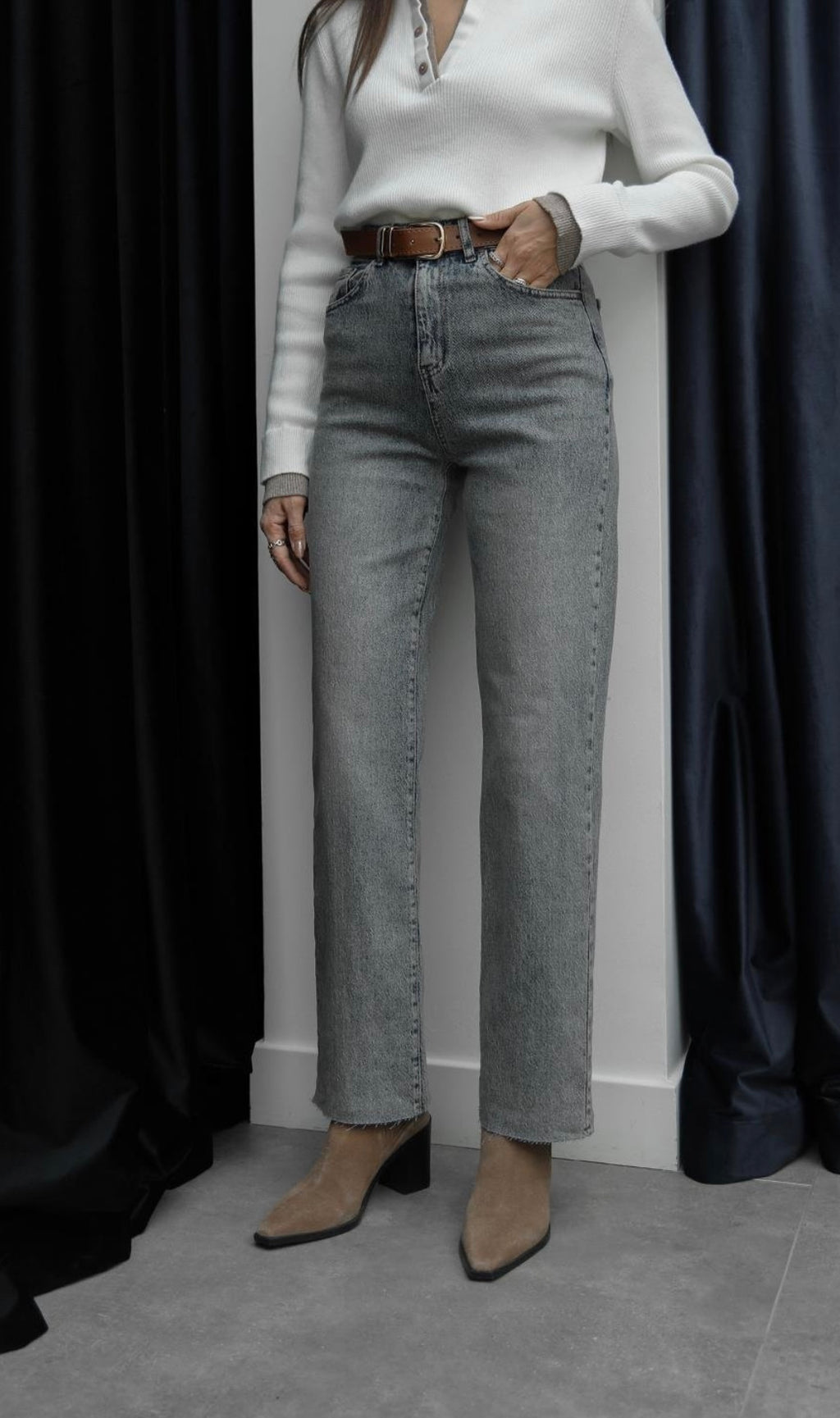 Belted Greyish Mom Jeans