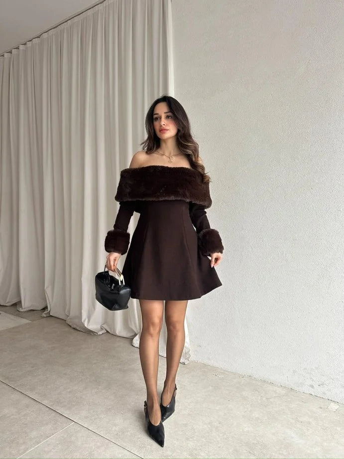 Brown Fur Detailed Dress
