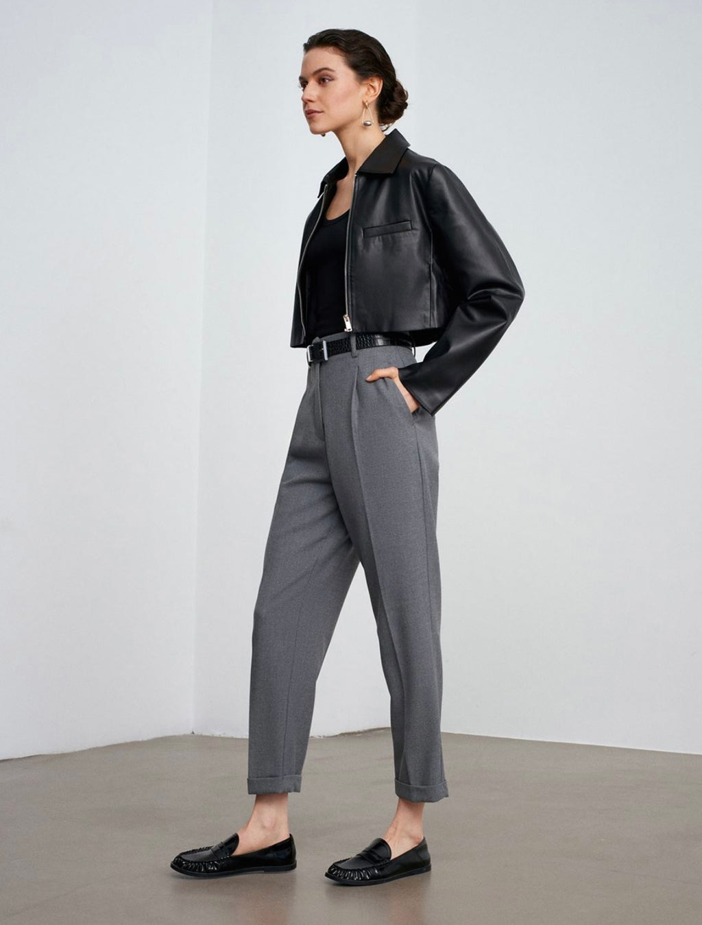Belted grey trousers