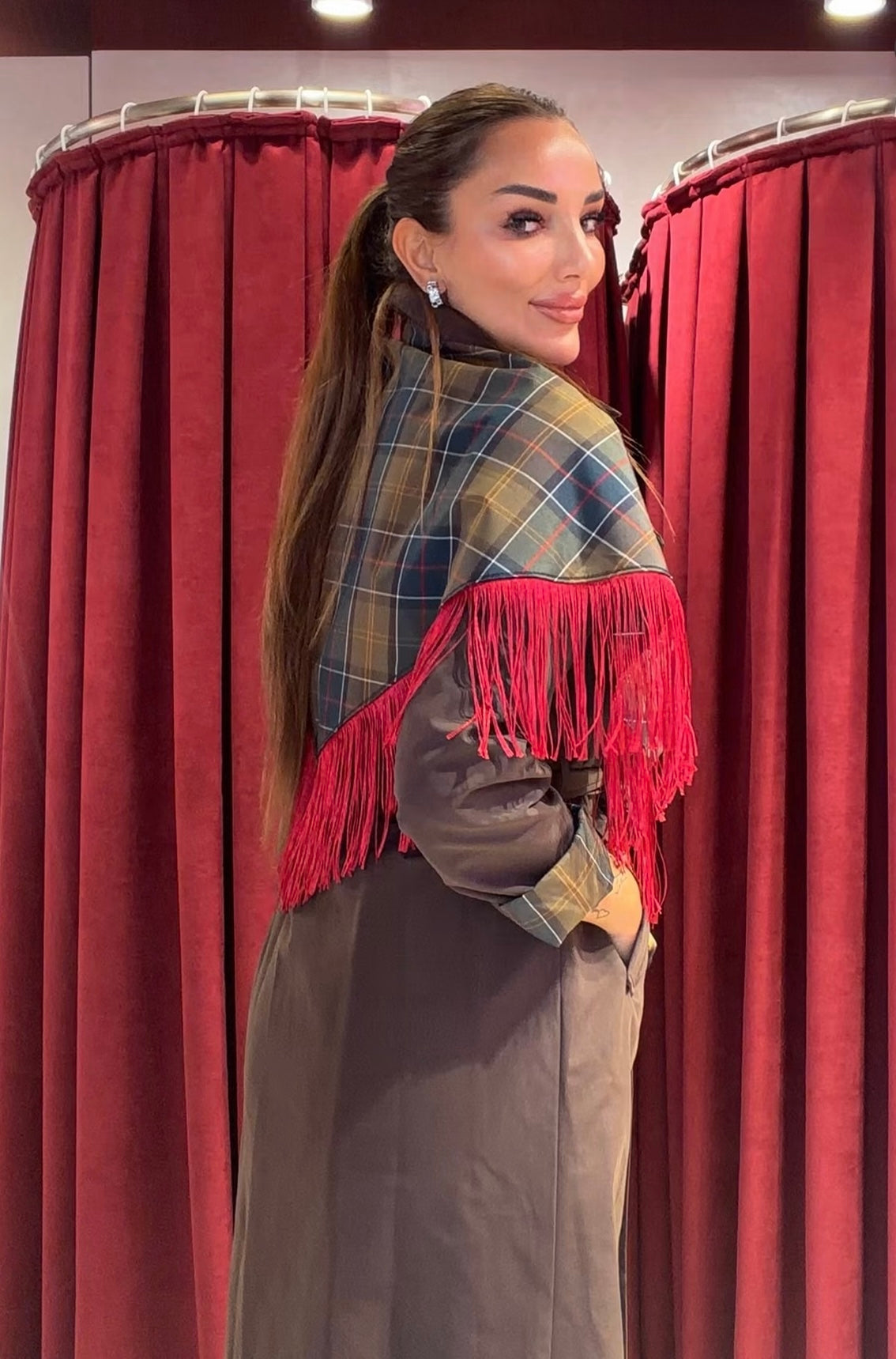 Plaid Detail Trench - Brown