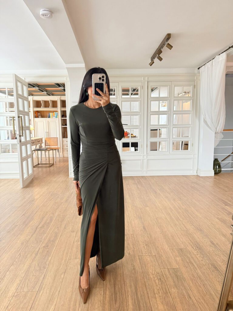 Khaki-Lycra Draped Dress