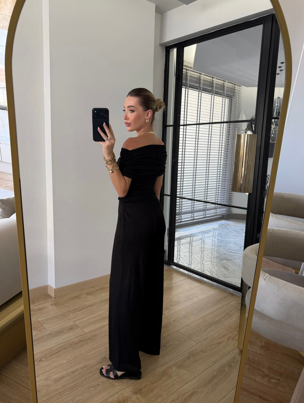 Draped Off-Shoulder Set - Black