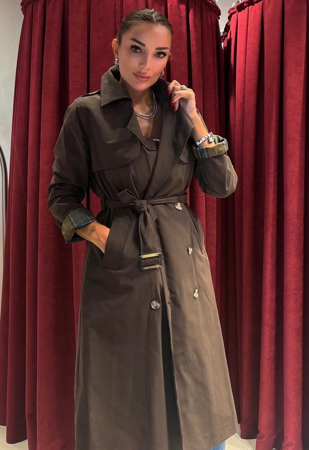 Plaid Detail Trench - Brown
