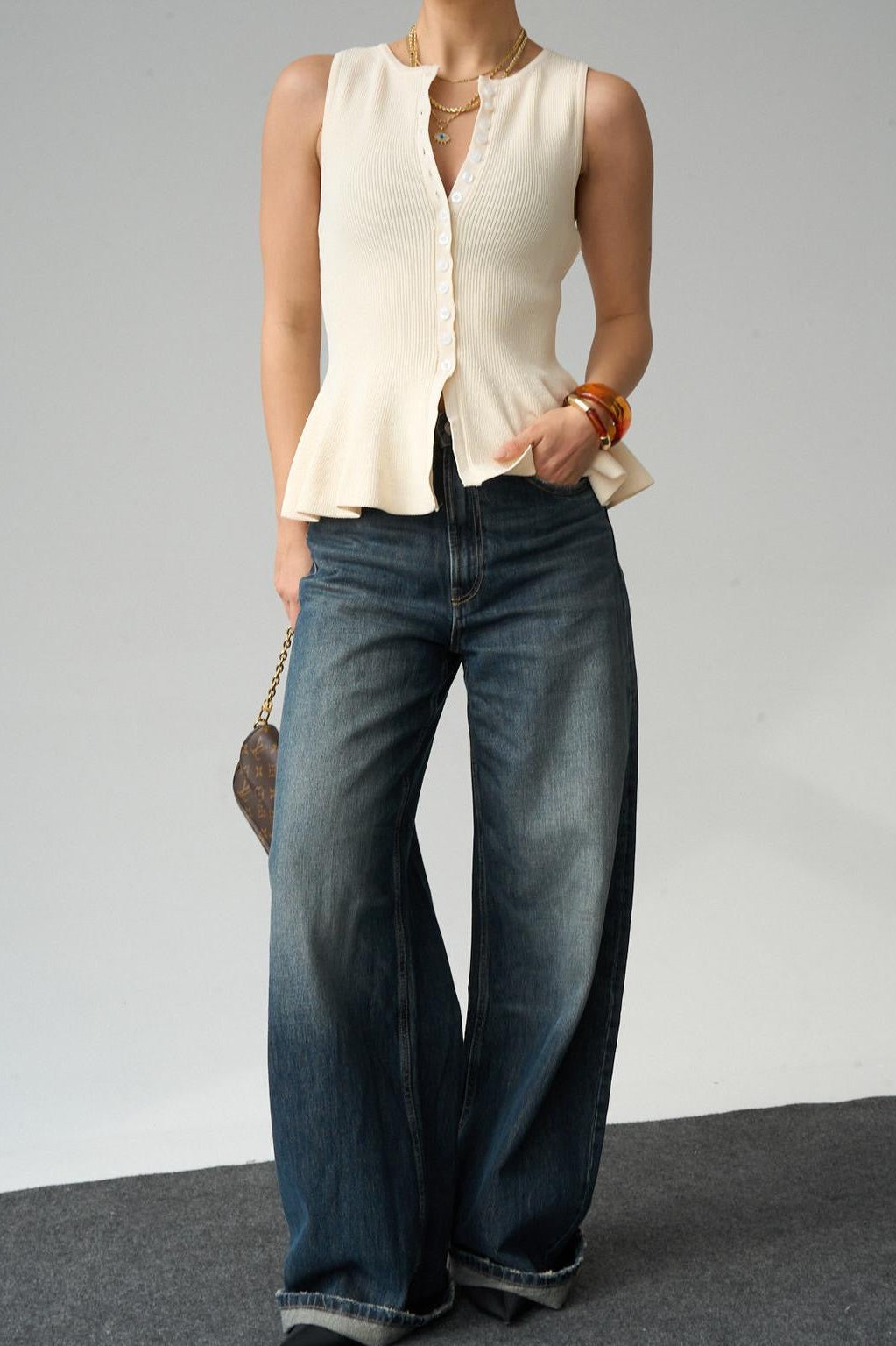 Buttoned Waisted Top - Ecru