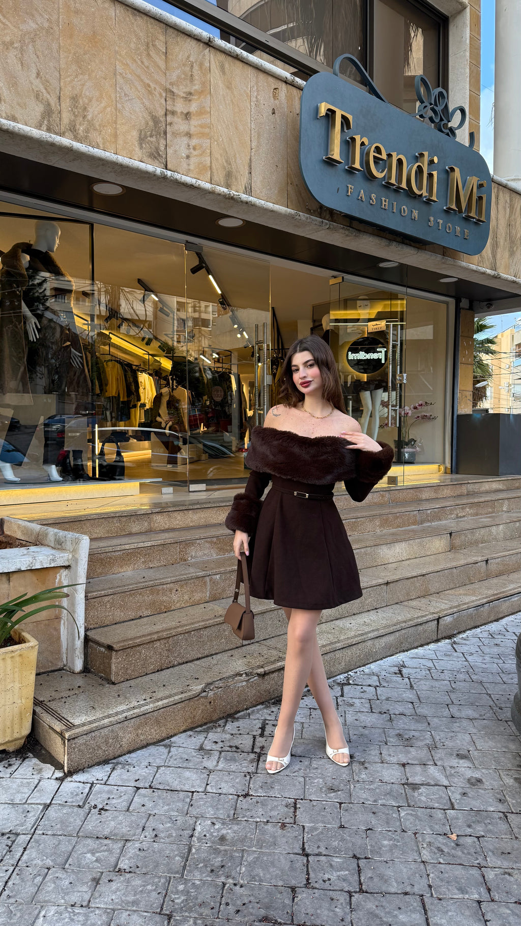 Brown Fur Detailed Dress