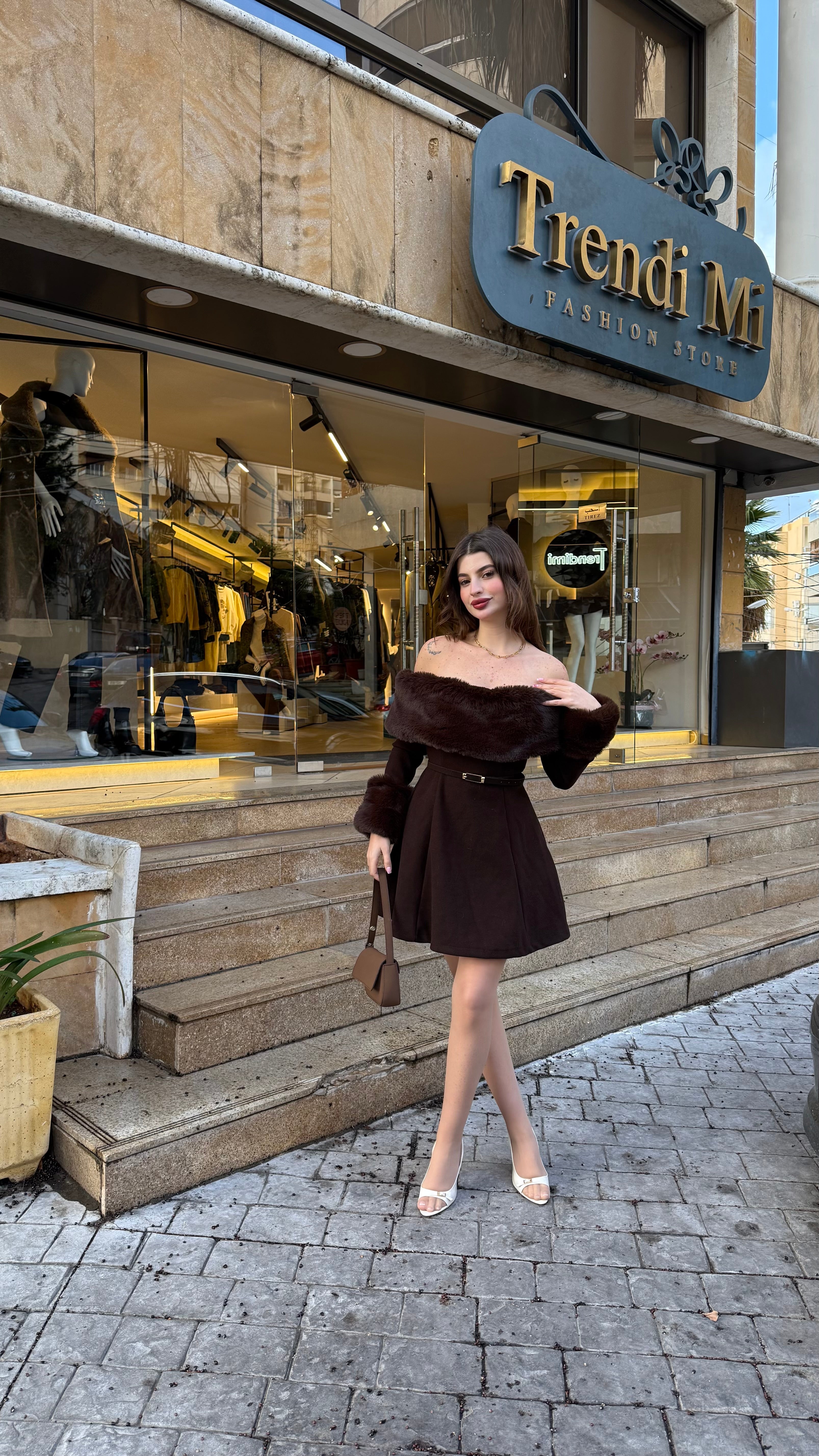 Brown Fur Detailed Dress