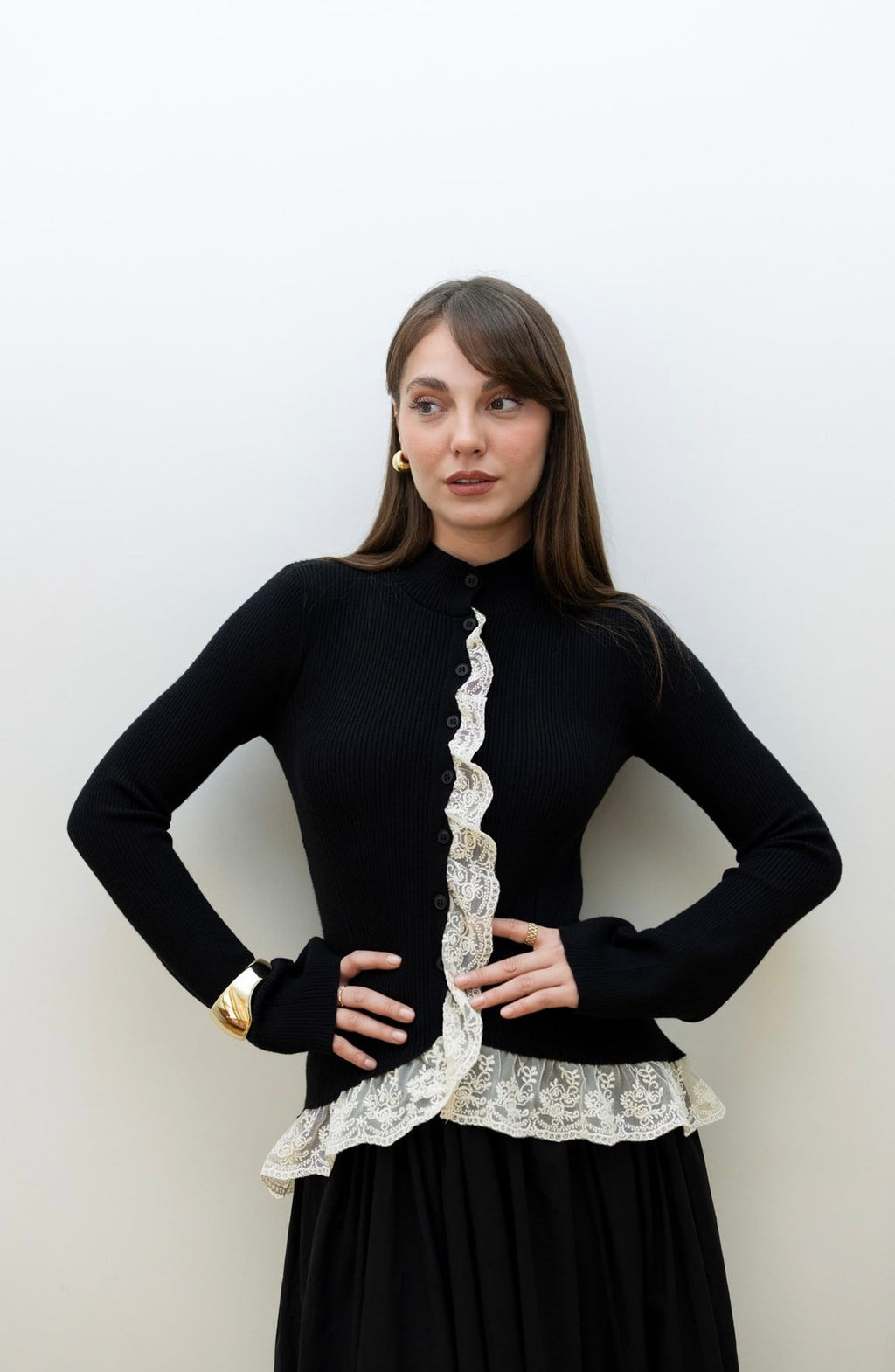 Lace-Detailed Cardigan - Black
