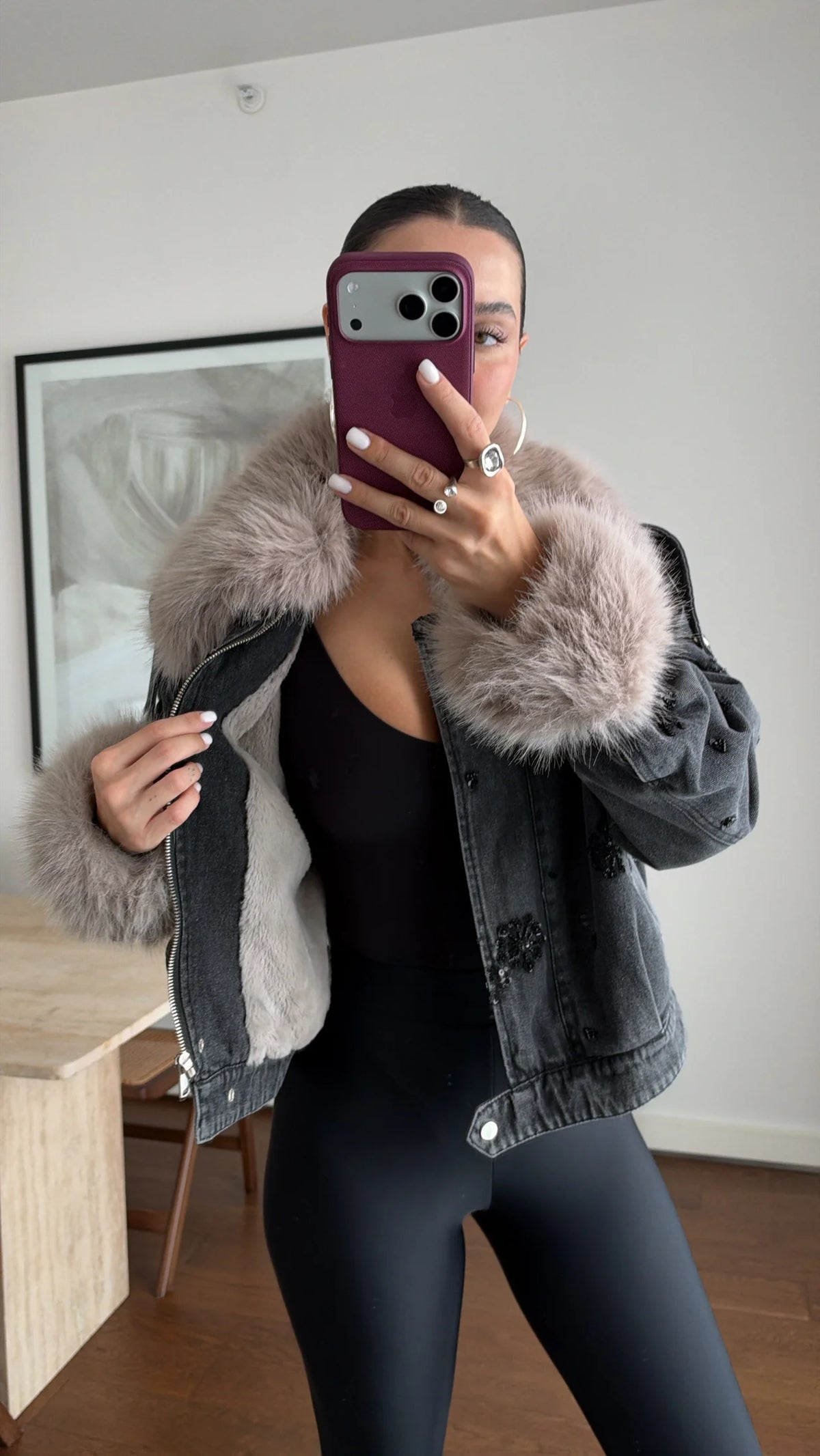 Fur Denim Jacket - Black