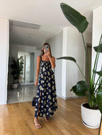 Navy blue lemon print dress