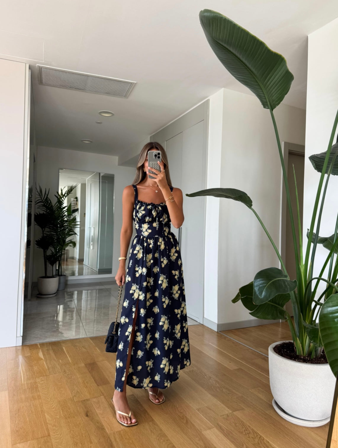 Navy blue lemon print dress