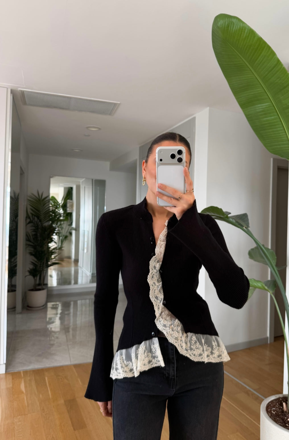 Lace-Detailed Cardigan - Black
