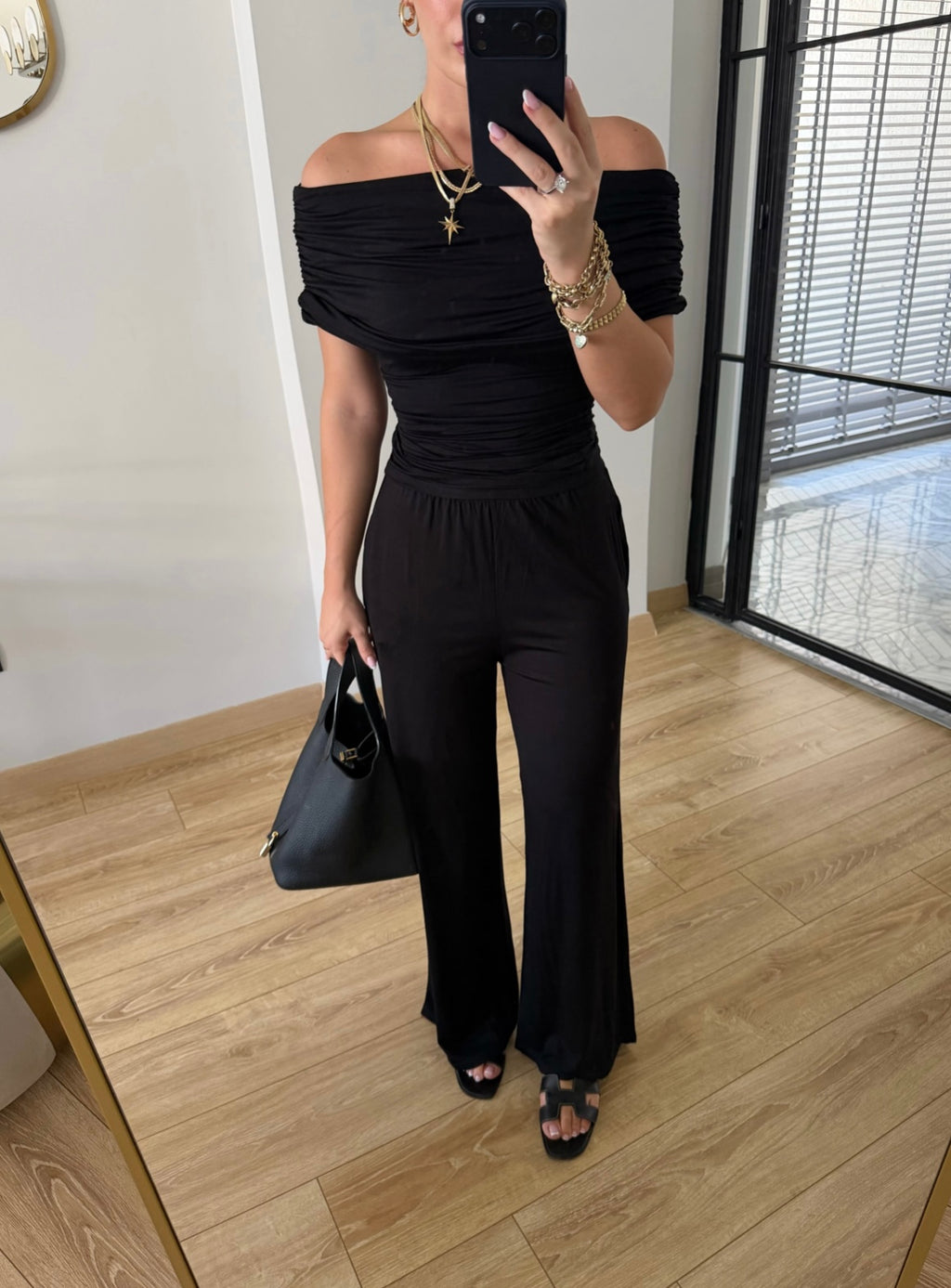 Draped Off-Shoulder Set - Black