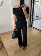 Draped Off-Shoulder Set - Black