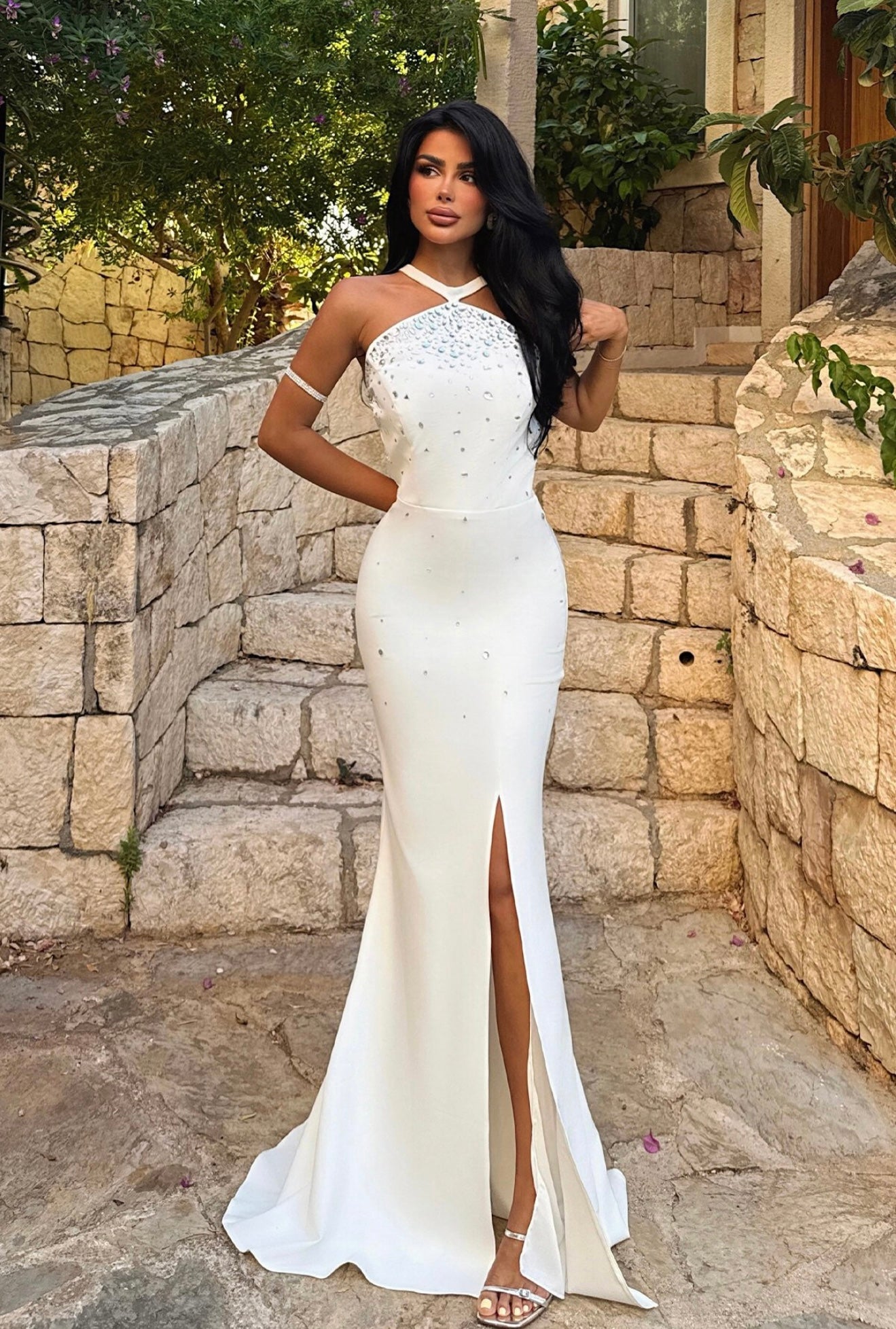 Halter Neck Stone-Embroidered Slit Dress