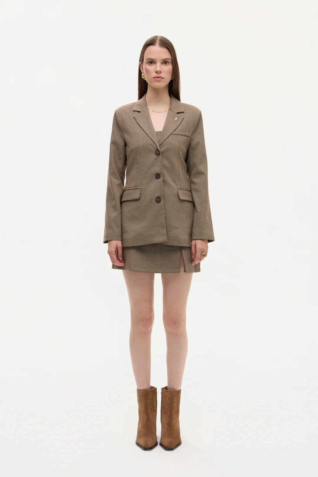 Plaid Blazer with Brooch