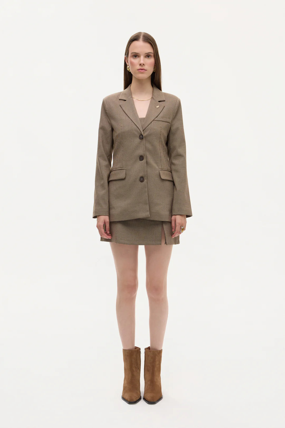 Plaid Blazer with Brooch