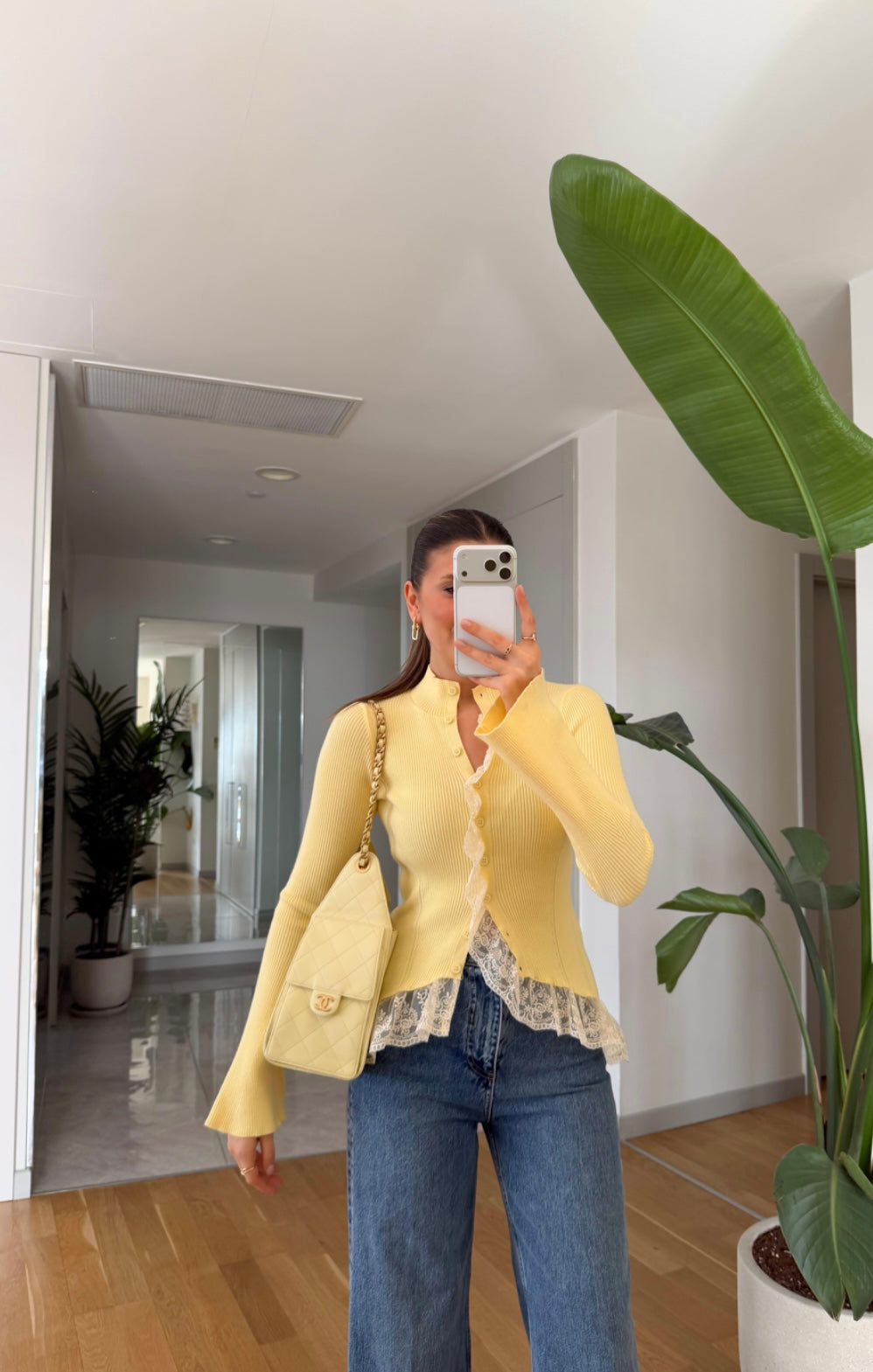 Lace-Detailed Cardigan - Yellow
