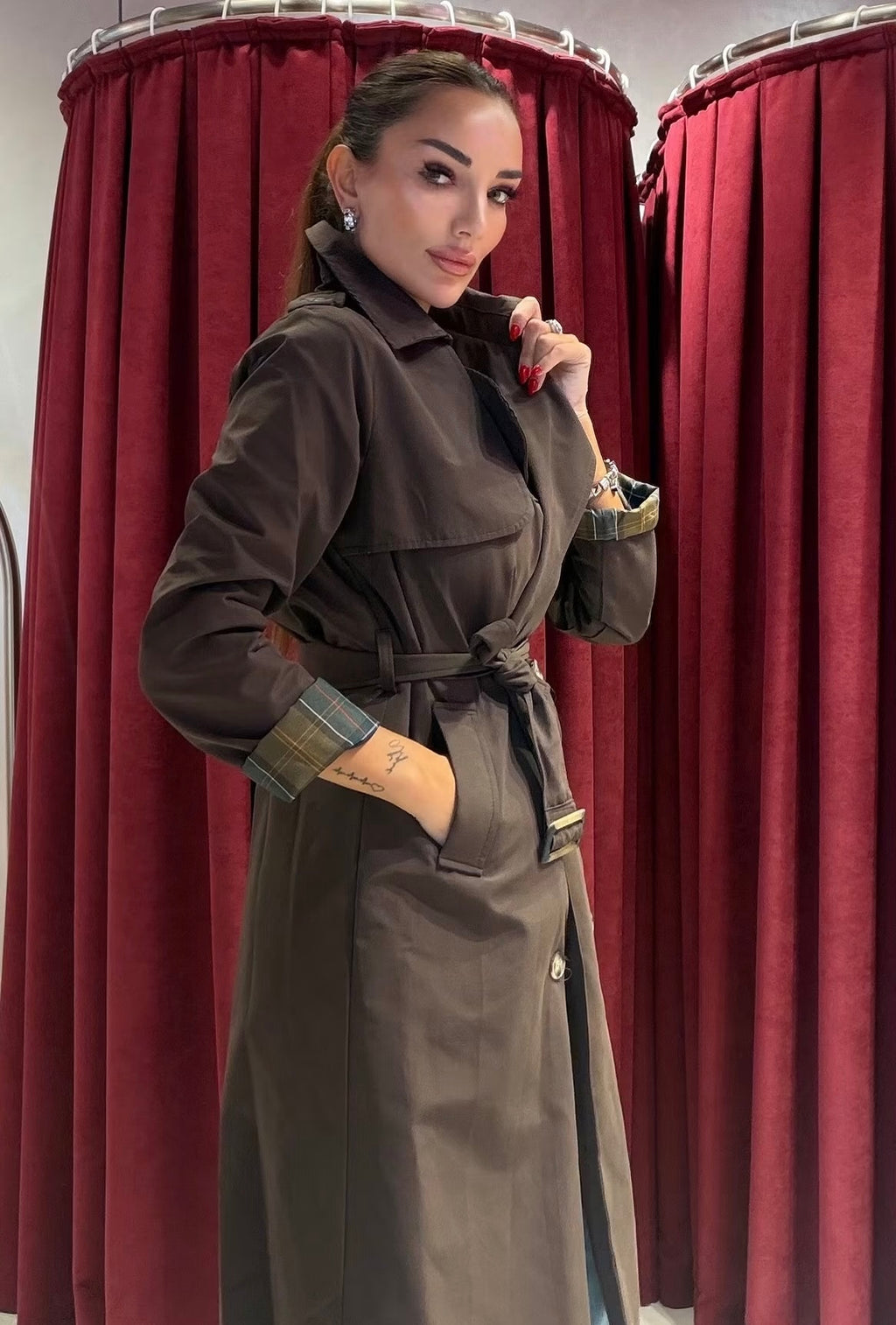 Plaid Detail Trench - Brown
