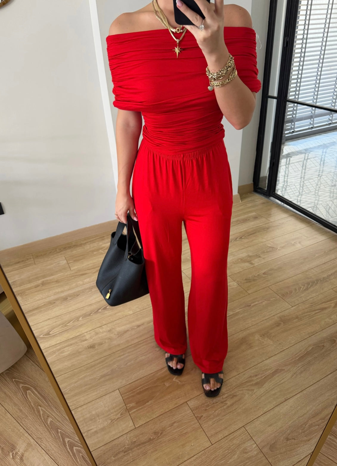 Draped Off-Shoulder Set - Red