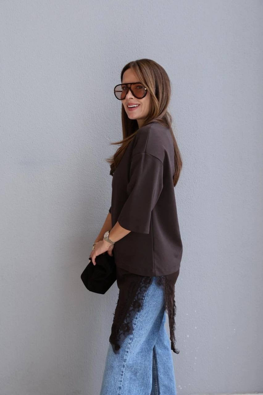 Brown Lace-detailed T-shirt