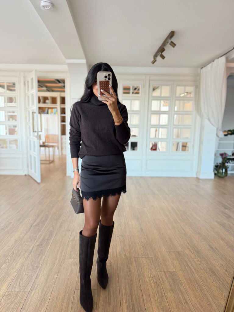 Brown Lace-trim Satin Skirt