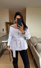 Belted-shirt with gold buttons