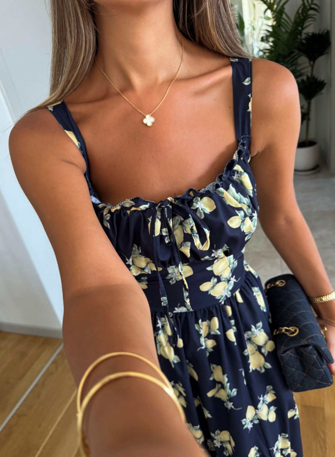 Navy blue lemon print dress