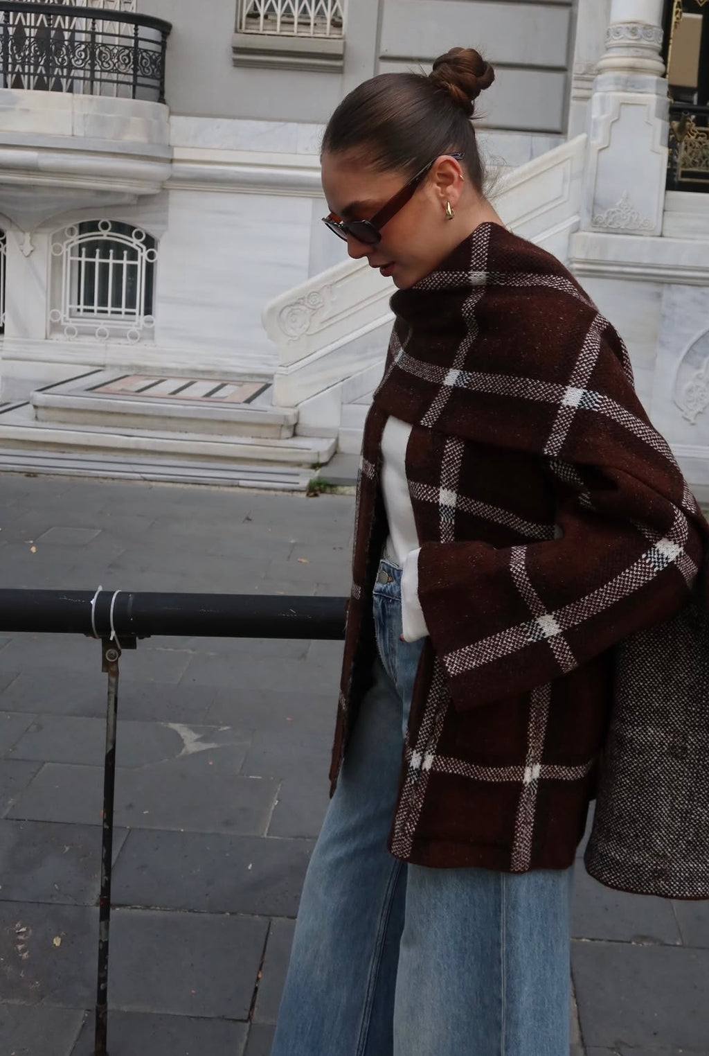 Plaid Cardigan with Scarf