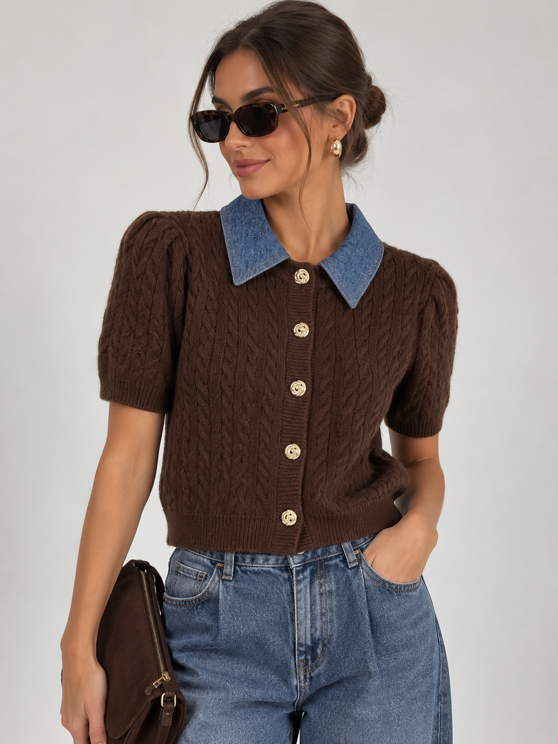 Denim Collar Brown Top