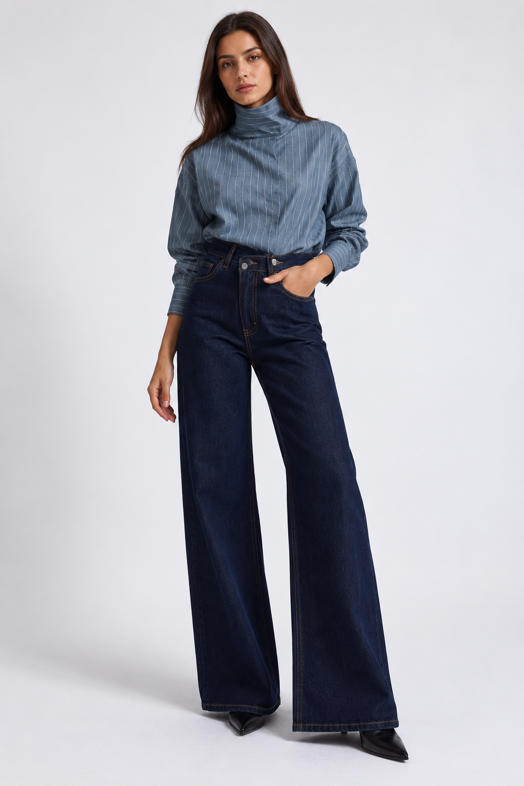 Side Button Straight Navy Jeans