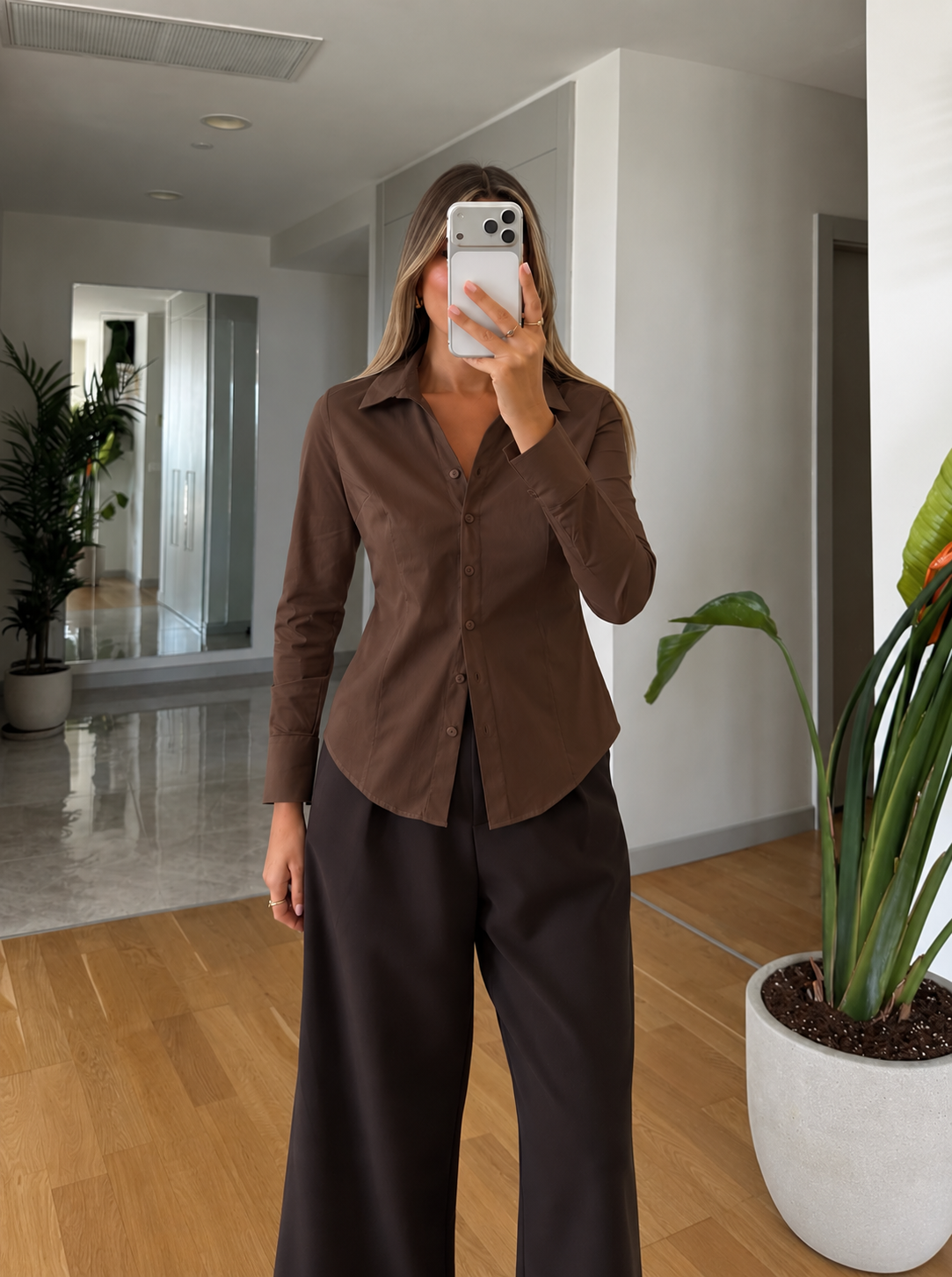 Basic Waisted Shirt - Brown